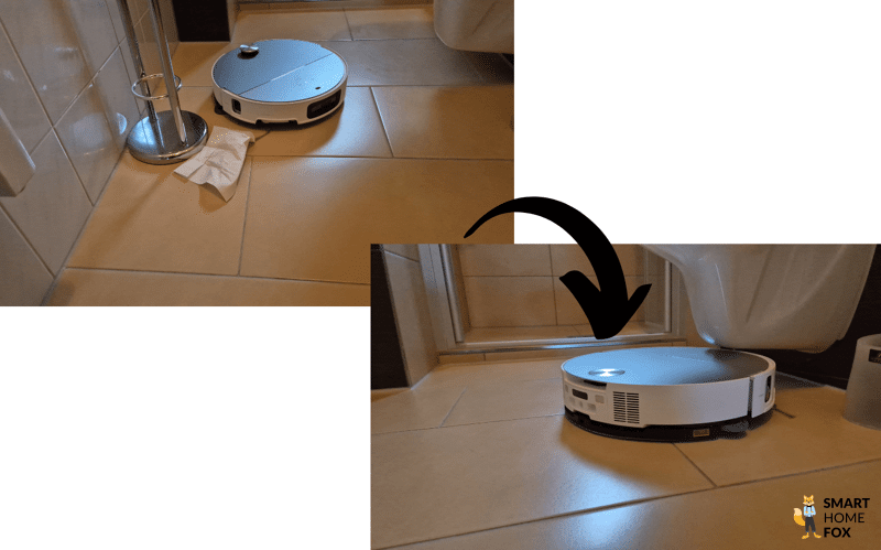 Roborock S9 MaxV Ultra перемещается под мебелью с убранной лазерной башней.